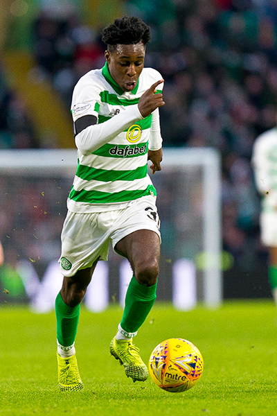 Josip Juranovic is challenged by Jeremie Frimpong 
