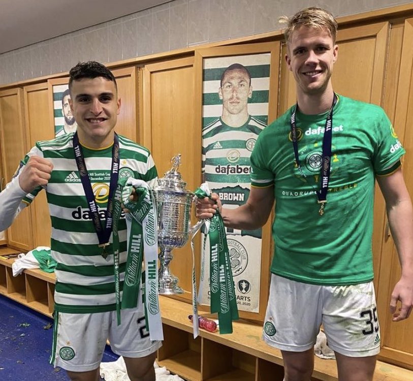 Moi Elyounoussi and Kristoffer Ajer with the cup