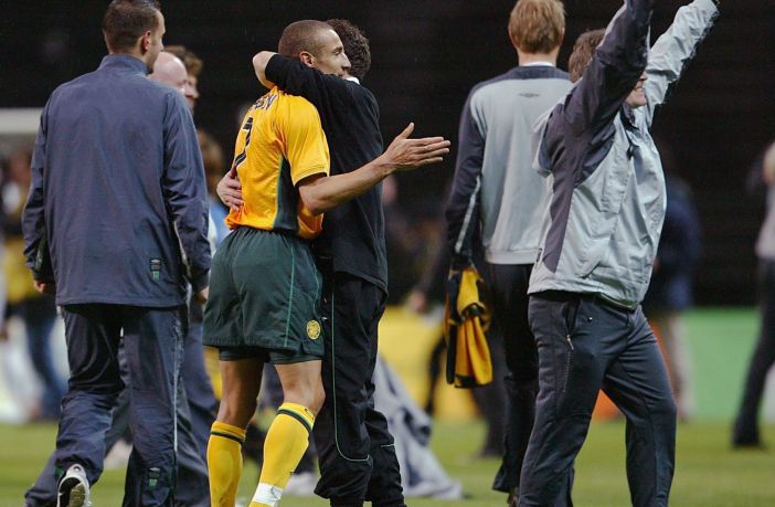 Celtic Manager Martin O'Neill hugs Henrik Larsson