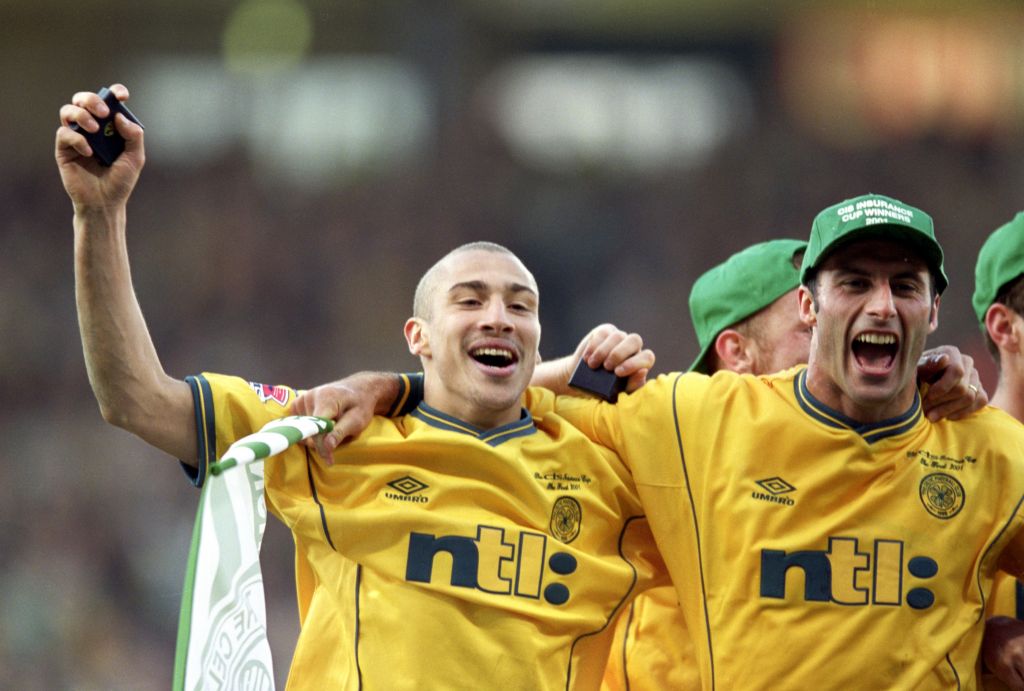 Henrik Larsson and Ramon Vega celebrate 