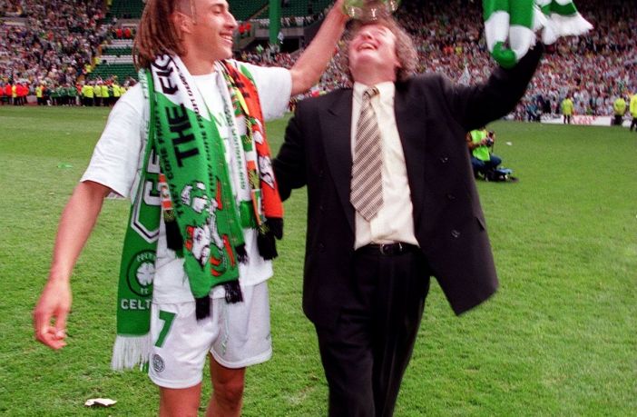 Henrik Larsson and Wim Jansen celebrate winning the league