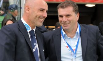 Kevin Muscat talks to socceroos coach Ange Postecoglou