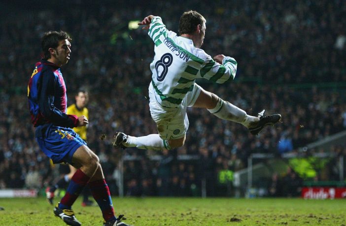 Alan Thompson of Celtic scores