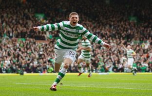 Gary Hooper celebrates his goal against Rangers
