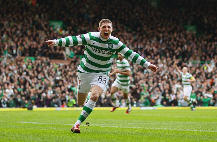 Gary Hooper celebrates his goal against Rangers