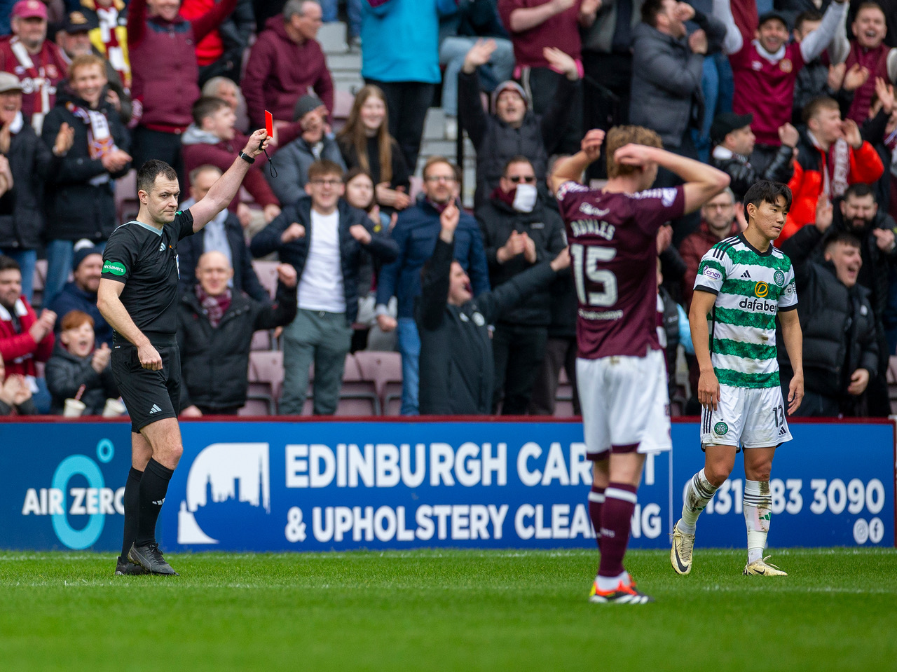 Yang sent off at Tynecastle in March 2024. Photo Vagelis Georgariou.