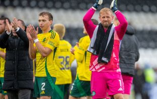 Kasper Schmeichel and Alistair Johnston applaud the away support
