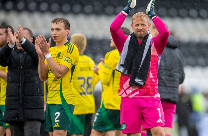 Kasper Schmeichel and Alistair Johnston applaud the away support