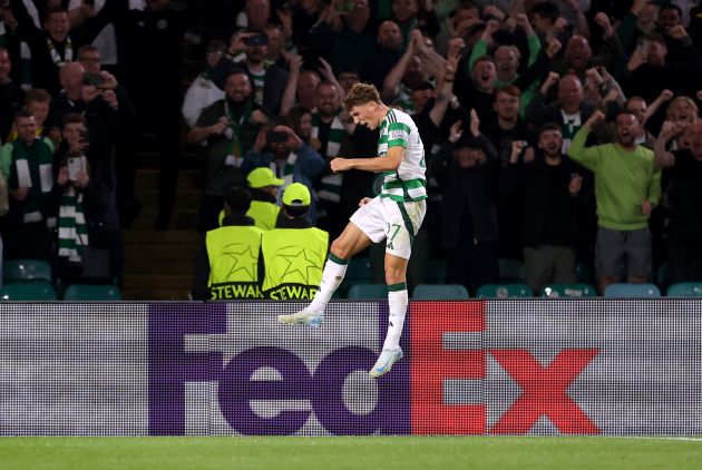Arne Engels celebrates scoring from the spot in the UEFA Champions League