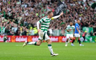 Callum McGregor celebrates scoring against theRangers