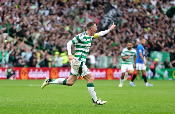 Callum McGregor celebrates scoring against theRangers