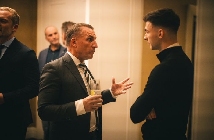 Brendan Rodgers chats to Kieran Tierney at the Celtic FC Foundation event in London