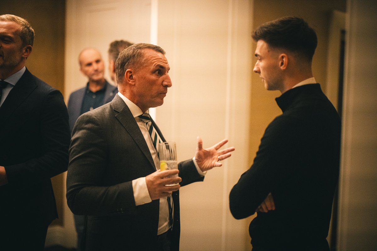 Brendan Rodgers chats to Kieran Tierney at the Celtic FC Foundation event in London