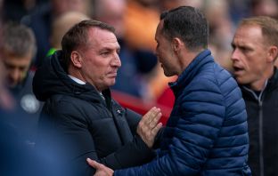 eltic Manager Brendan Rodgers greets Ross County manager Don Cowie before the match. Photo: Vagelis Georgariou