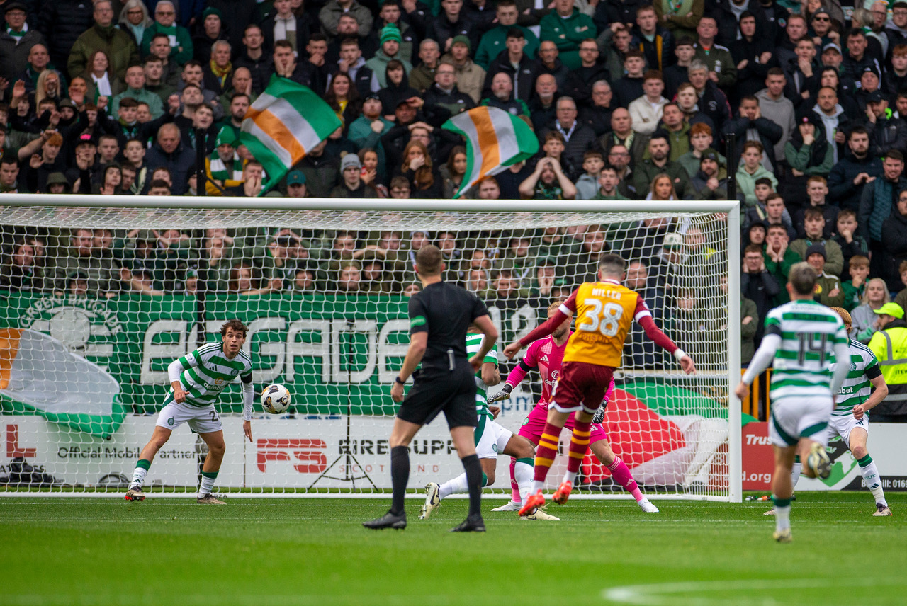 Lennon Miller of Motherwell hit the post