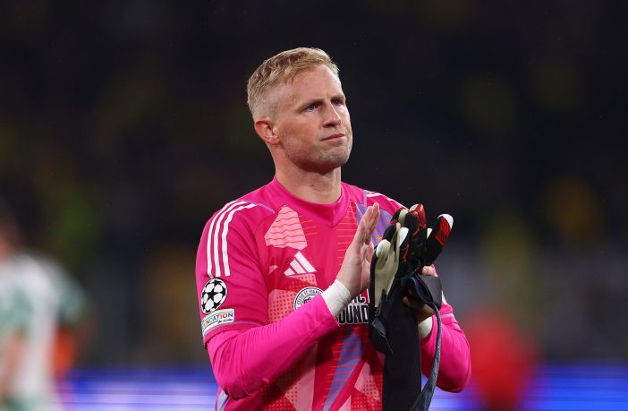 Kasper Schmeichel of Celtic acknowledges the fans
