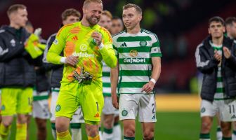 Alistair Johnston with Kasper Schmeichel
