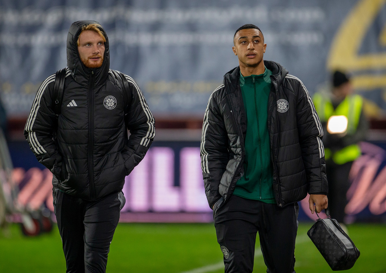 Liam Scales and Adam Idah arrive at Tynecastle.