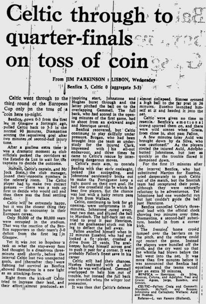 Benfica v Celtic 26 November 1969