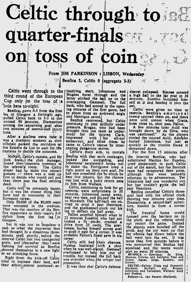 Benfica v Celtic 26 November 1969