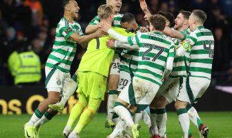 Team mates celebrate with Kasper Schmeichel and Daizen Maeda