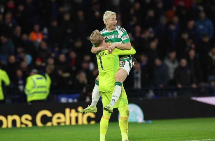 Daizen Maeda and Kasper Schmeichel celebrate