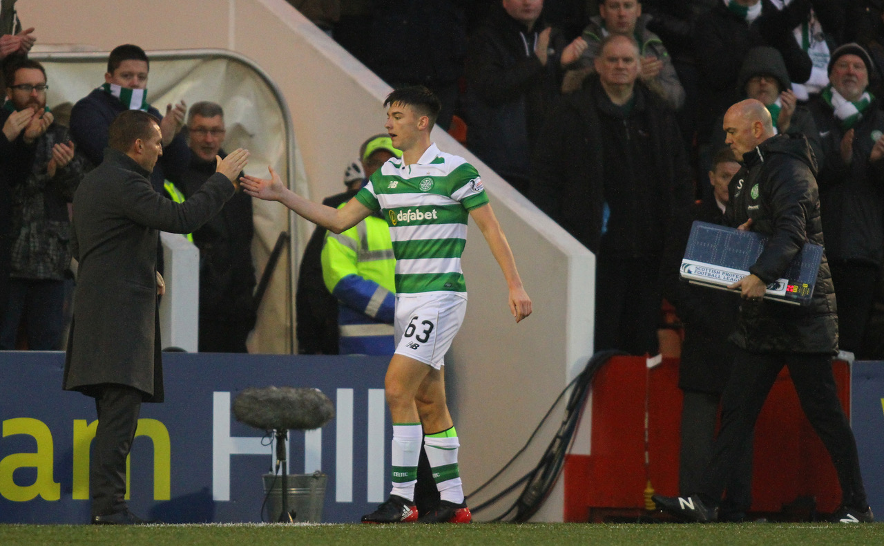 Brendan Rodgers shakes Kieran Tierney's hand