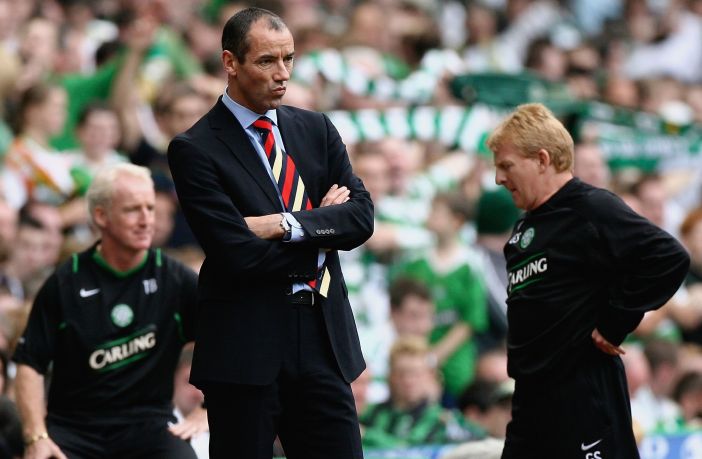 Gordon Strachan, coach of Celtic, and Paul le Guen, coach of Rangers