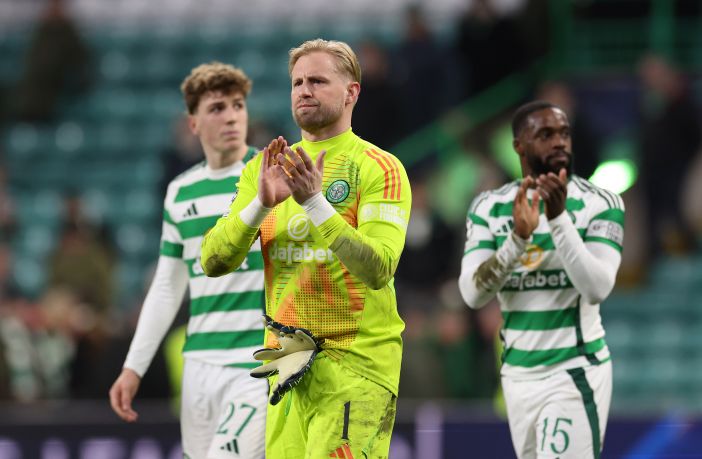 Kasper Schmeichel of Celtic acknowledges the fans