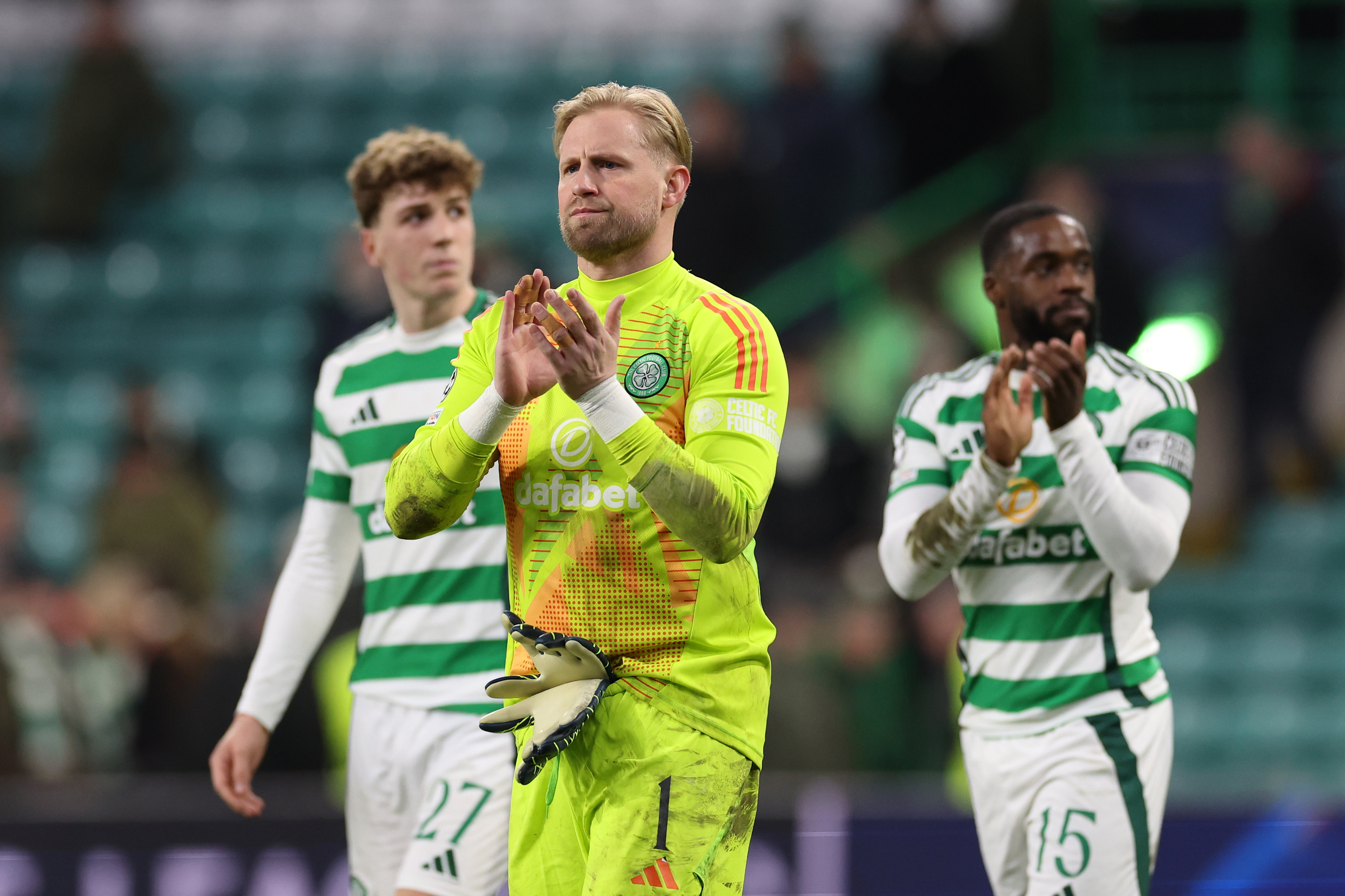 Kasper Schmeichel of Celtic acknowledges the fans