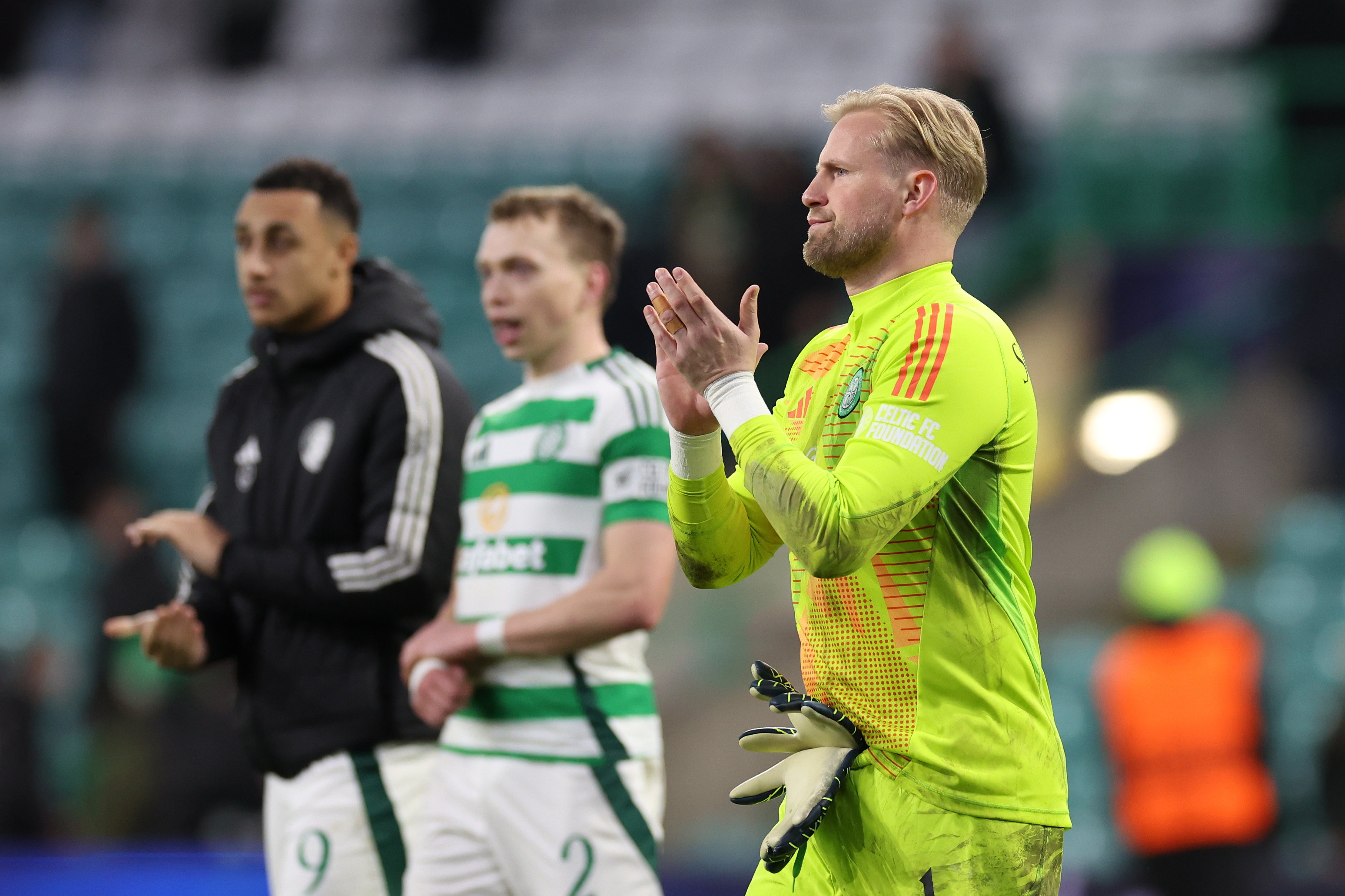 Kasper Schmeichel of Celtic acknowledges the fans