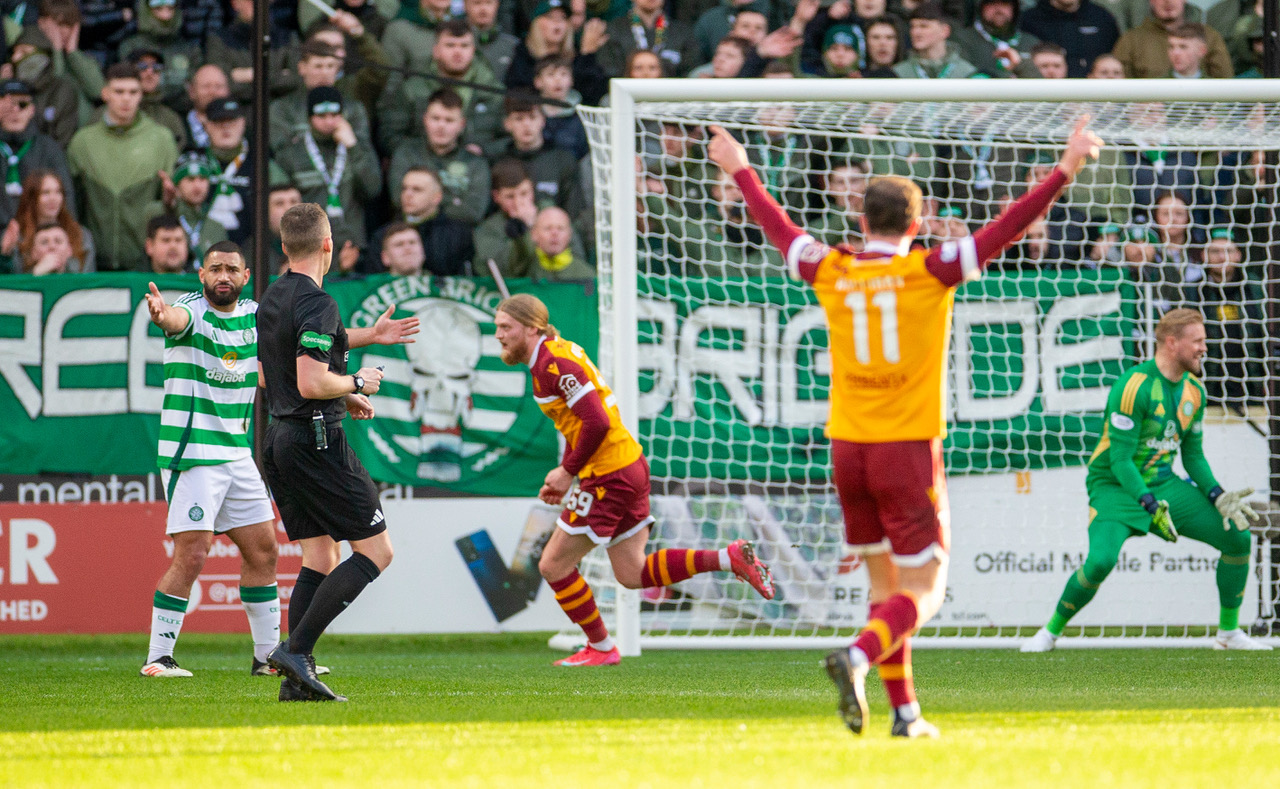 Luke Armstrong scores for Motherwell against Celtic