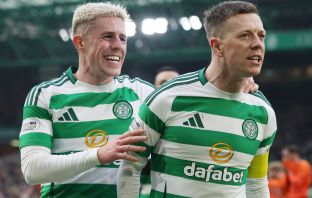 Callum McGregor celebrates with Luke McCowan