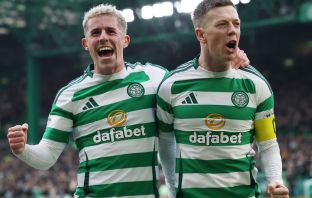 Callum McGregor celebrates with Luke McCowan