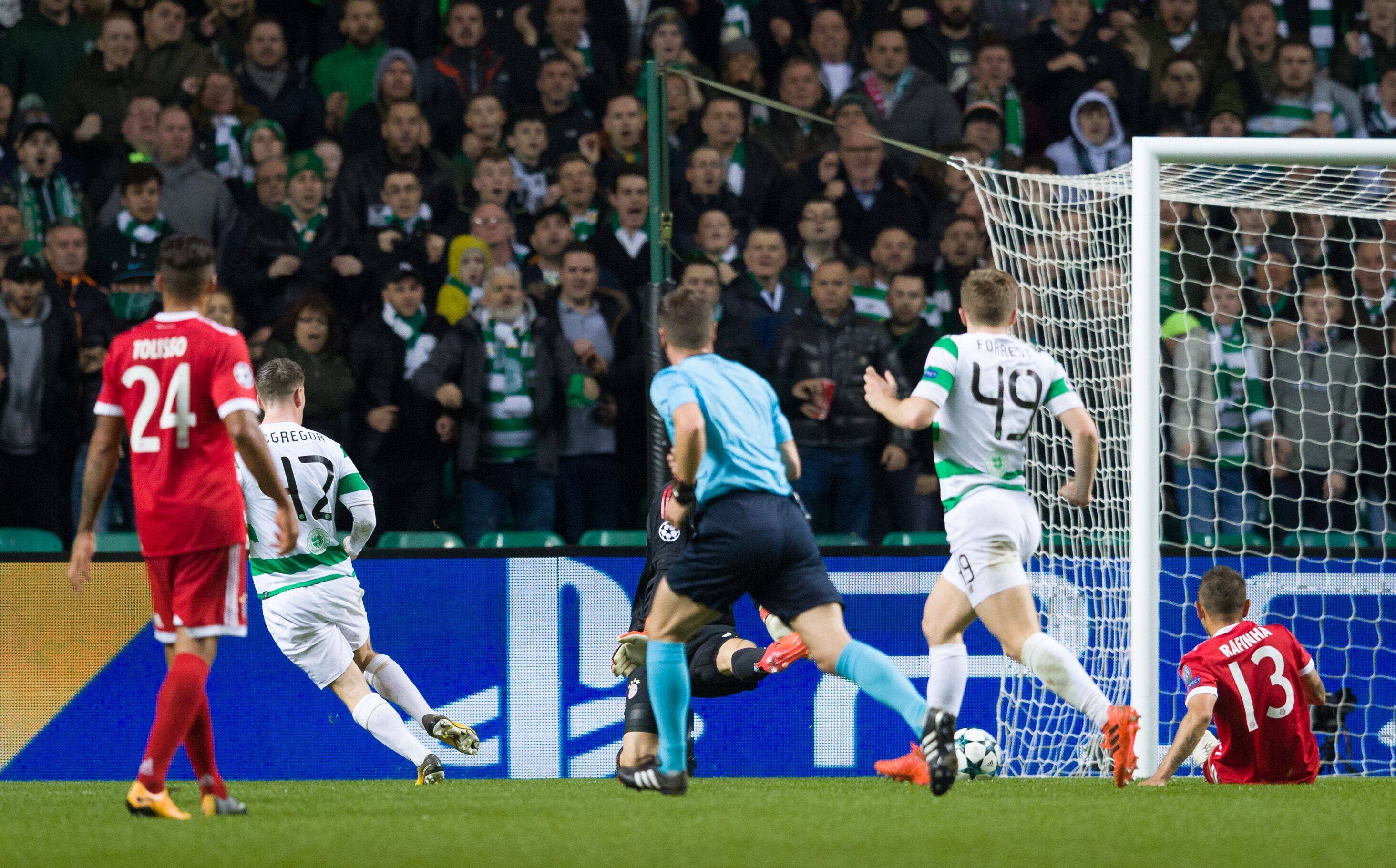 Callum McGregor scores against Bayern Munich in 2017