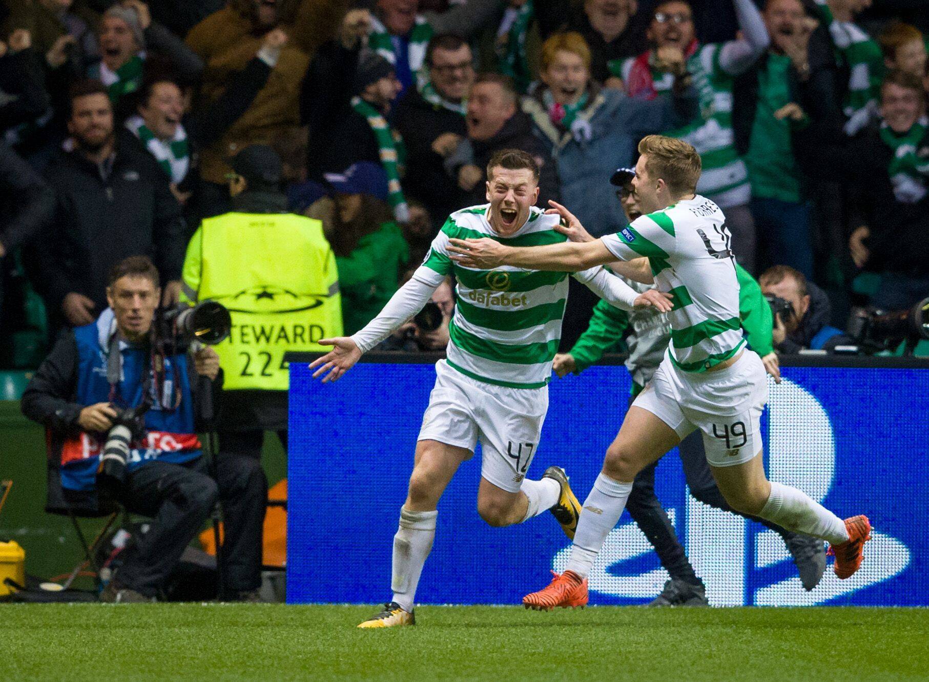 Callum McGregor celebrates scoring against Bayern in 2017