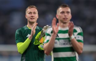 Viljami Sinisalo and Alistair Johnston of Celtic