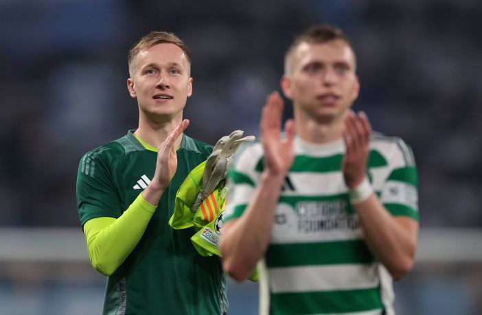 Viljami Sinisalo and Alistair Johnston of Celtic