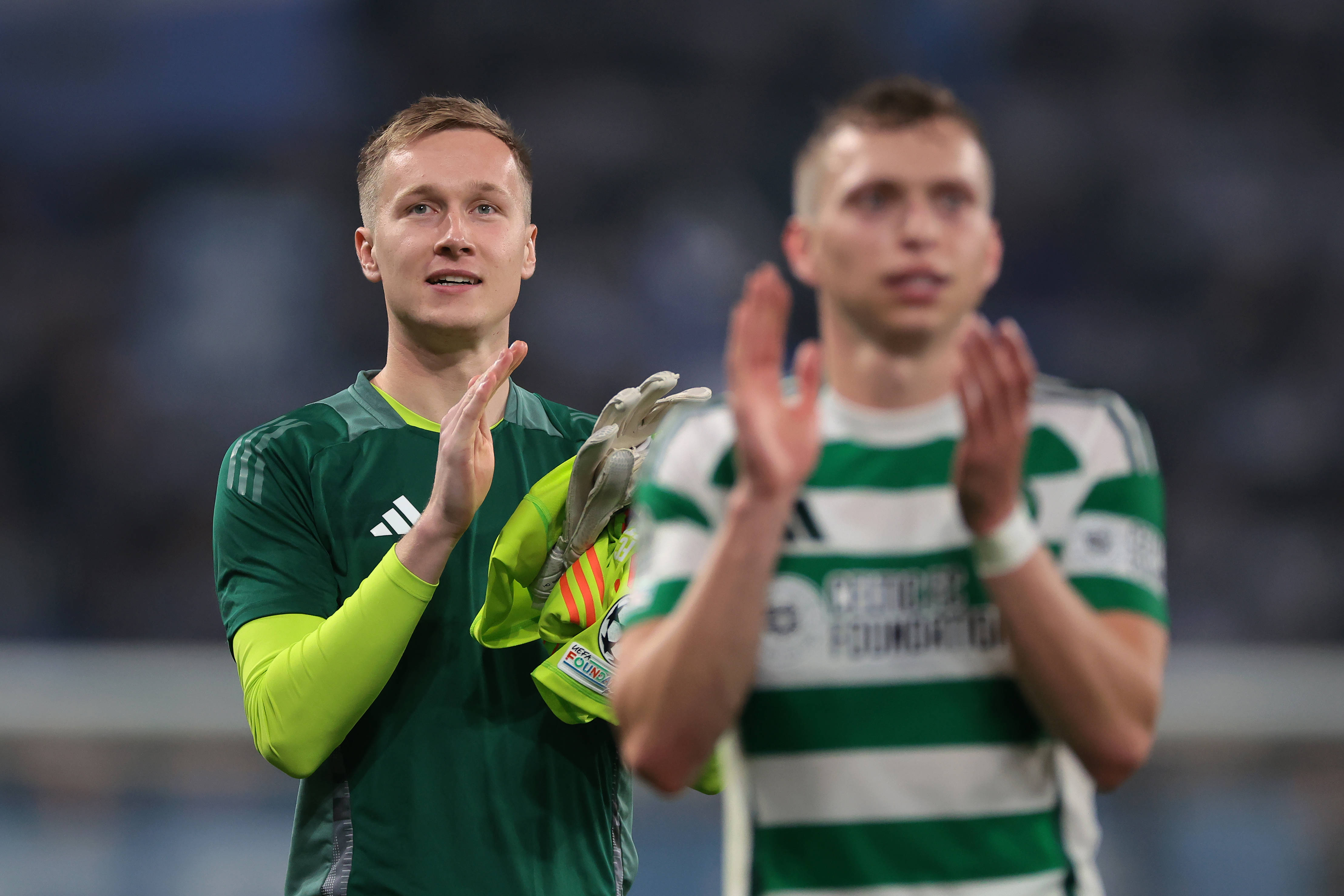 Viljami Sinisalo and Alistair Johnston of Celtic