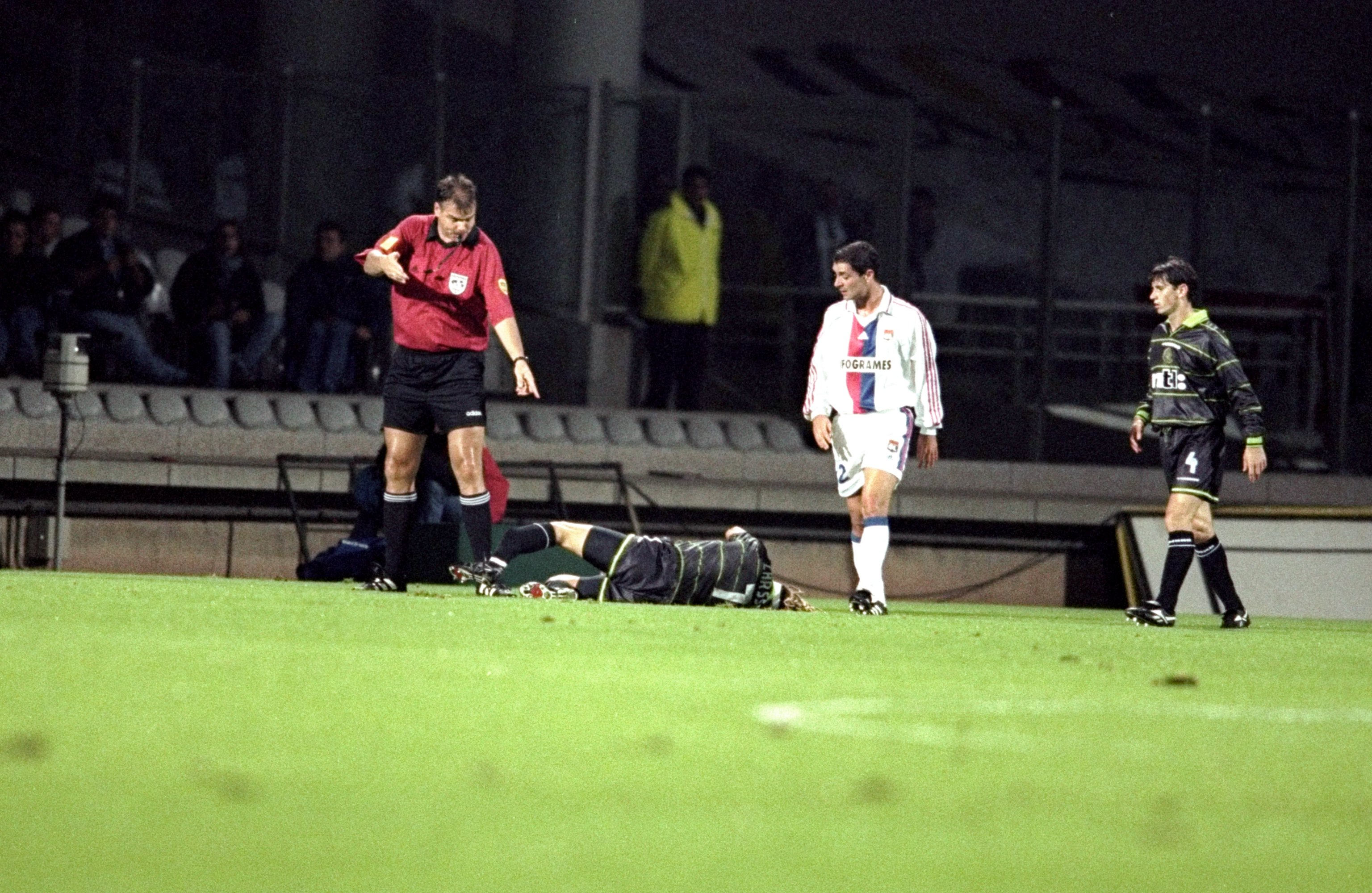 Henrik Larsson of Celtic suffers a broken leg 