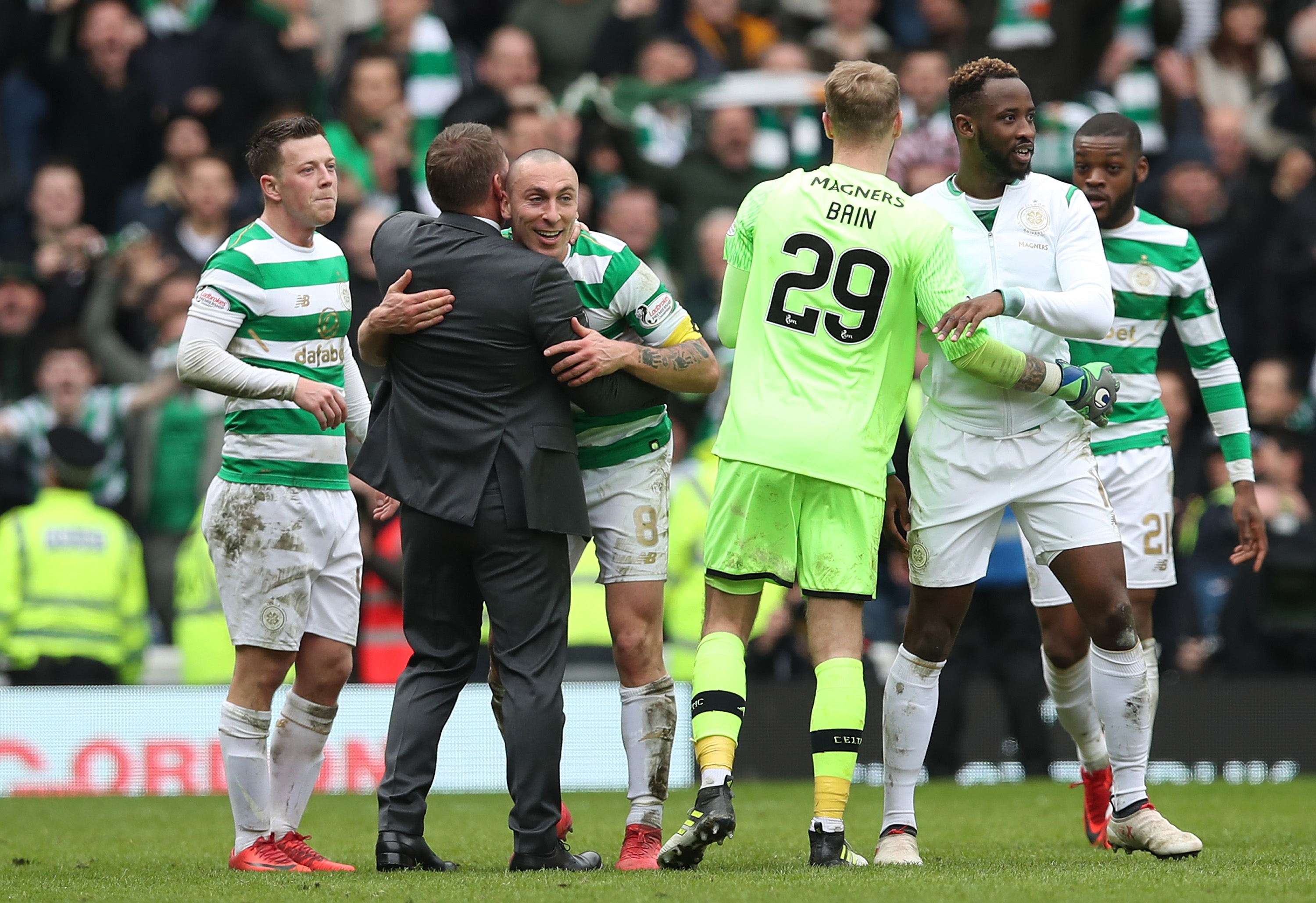 Brendan Rodgers and Scott Brown celebrate 