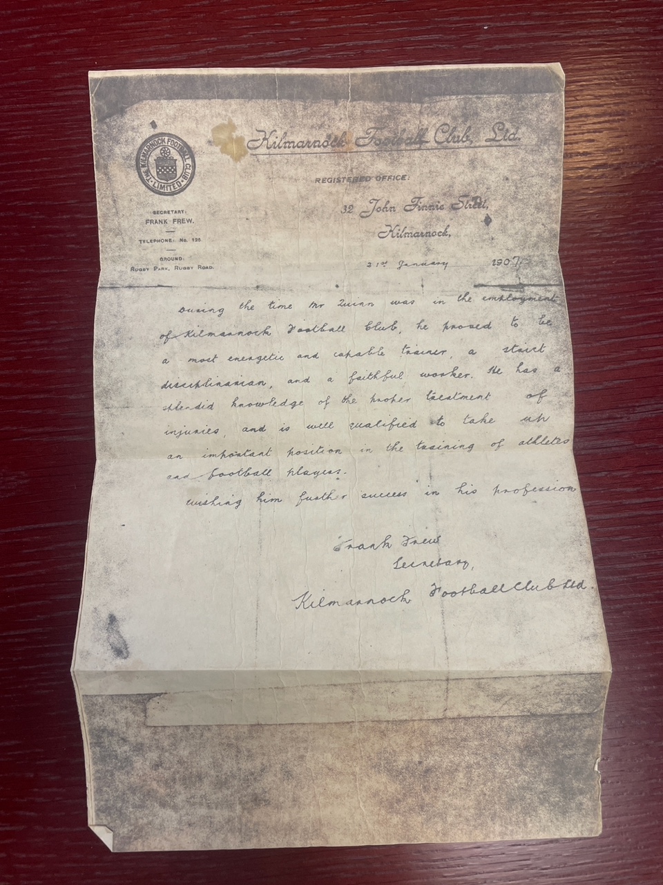 Letter from Kilmarnock FC