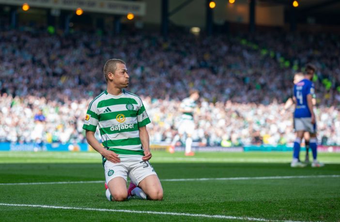 Daizen Maeda celebrates