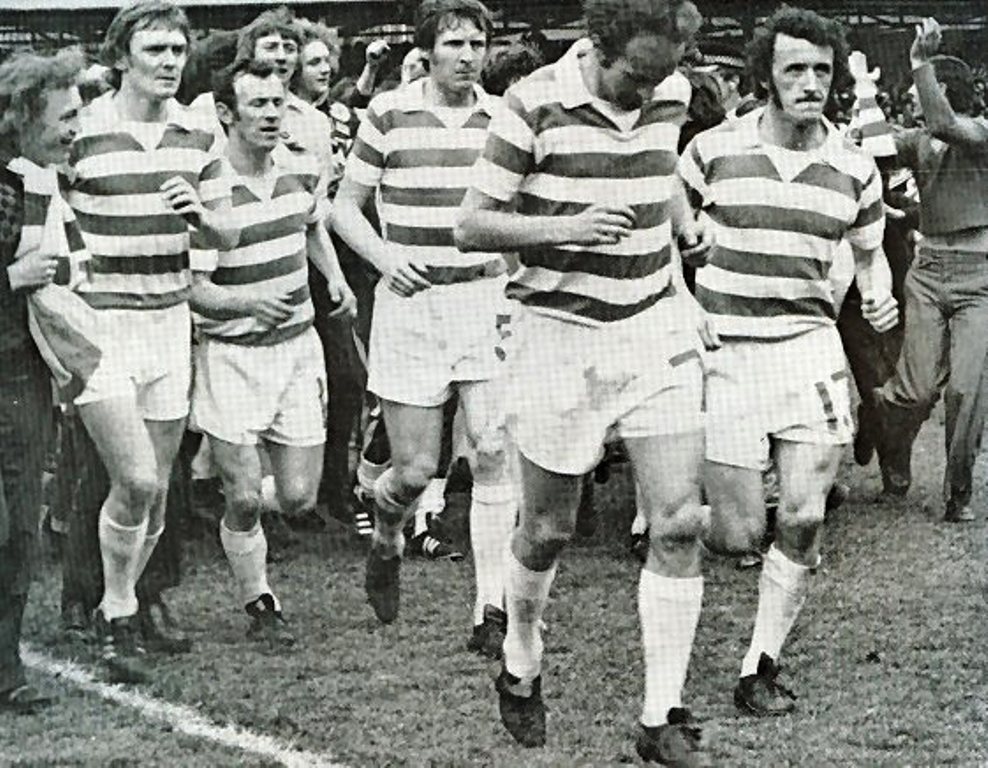 Celtic celebrate the title win at Falkirk in 1974