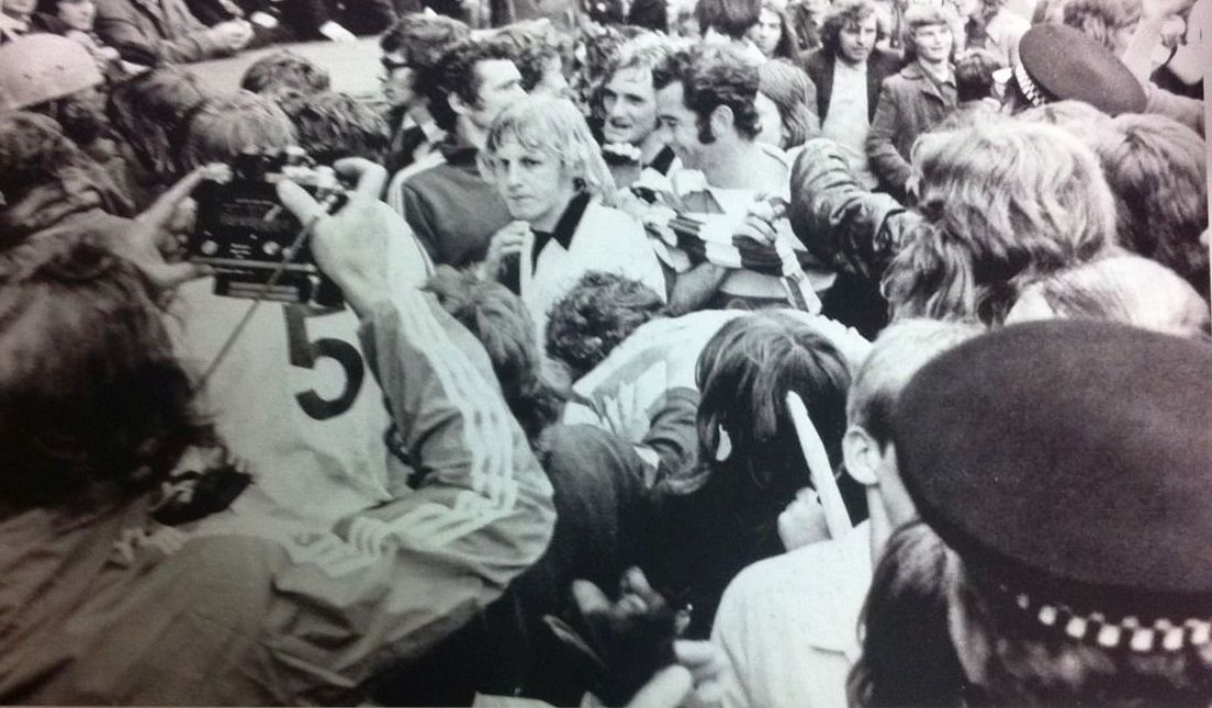 Celtic celebrate the title win at Falkirk in 1974