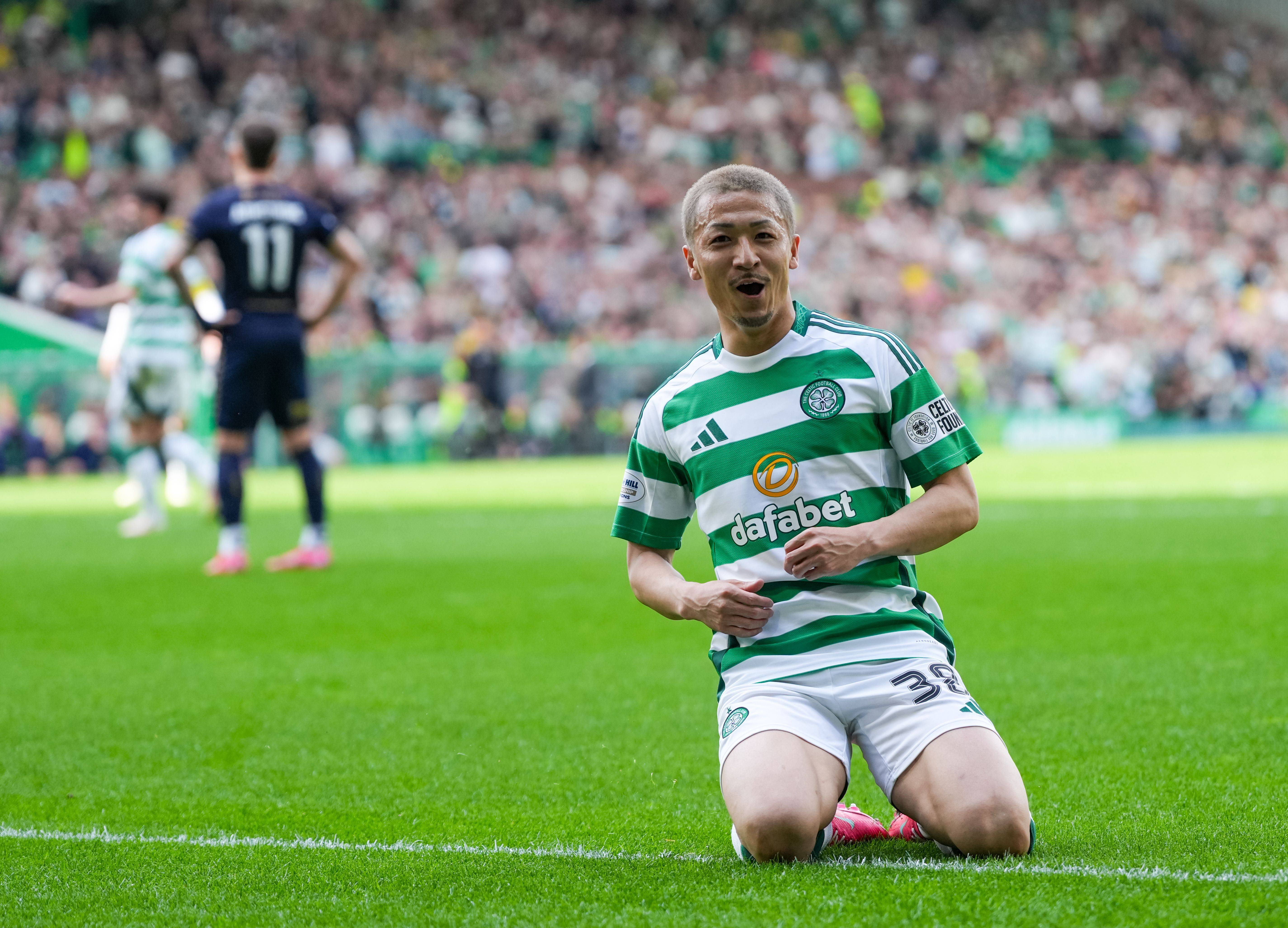 Daizen Maeda celebrates