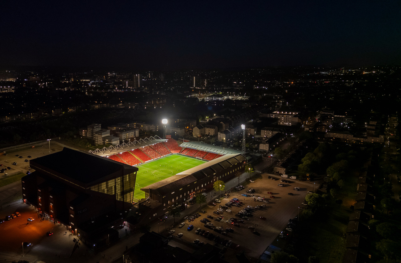 Ariel view of Pittodrie Stadium after the match,