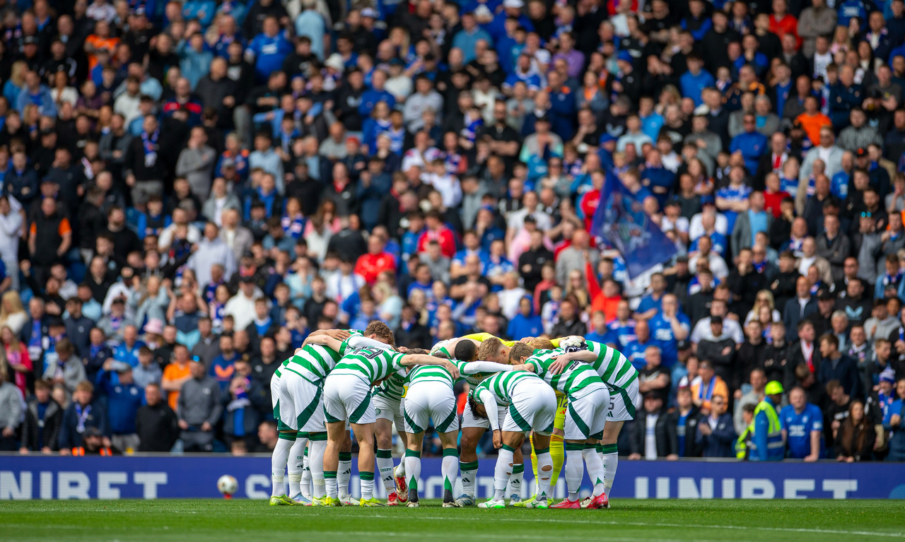 Celtic huddle at Ibrox, May 2025 