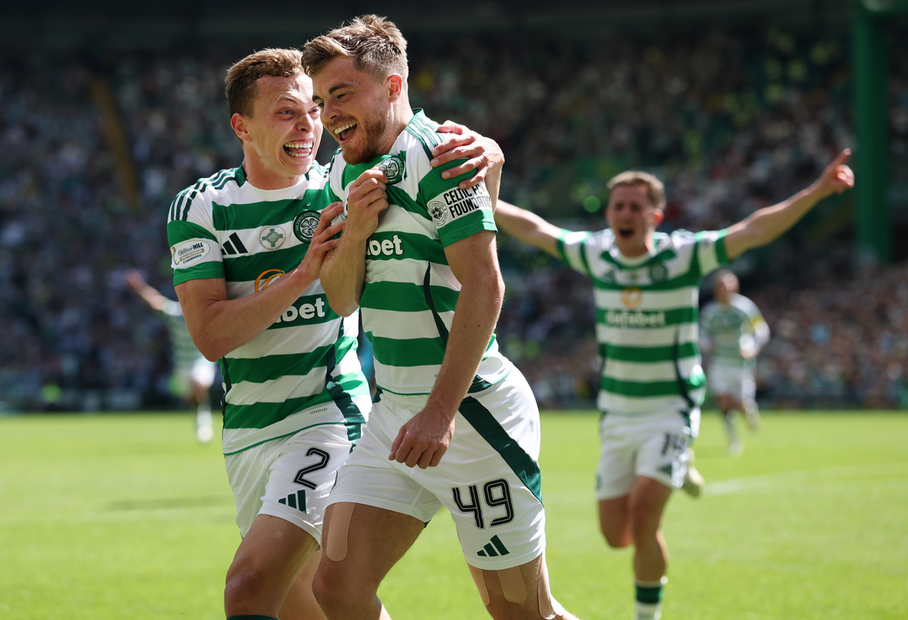 James Forrest of Celtic celebrates with Alistair Johnston