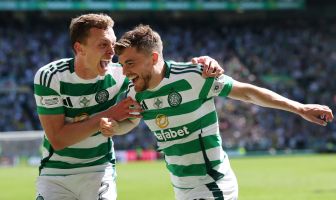 James Forrest of Celtic celebrates with Alistair Johnston